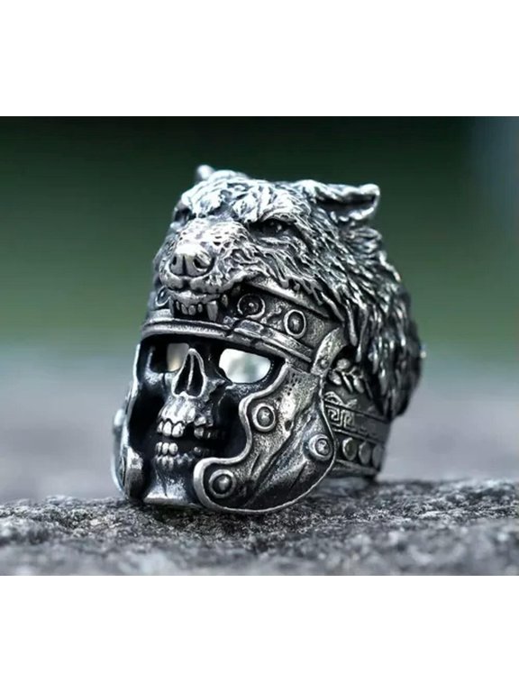 Stainless Steel Wolf Skull Viking Warrior Ring For Men Ring Punk Amulet Jewelry-11