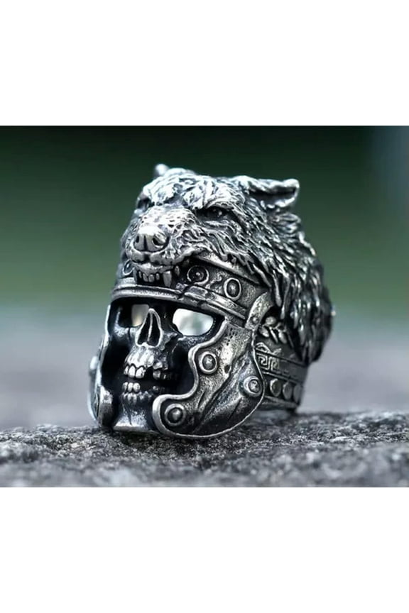 Stainless Steel Wolf Skull Viking Warrior Ring For Men Ring Punk Amulet Jewelry-12