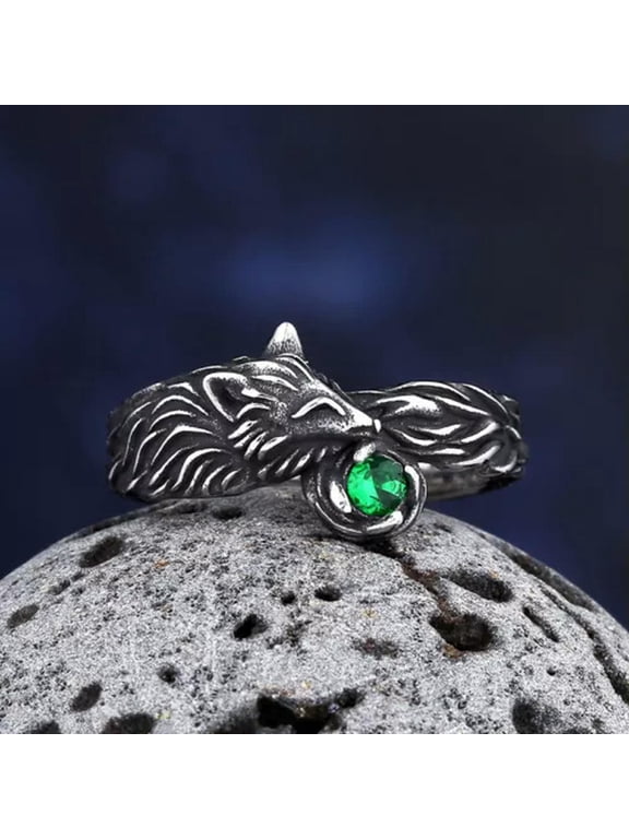 Stainless steel Fox Vintage Natural Man's Ring With Stone Biker Punk Jewelry-11