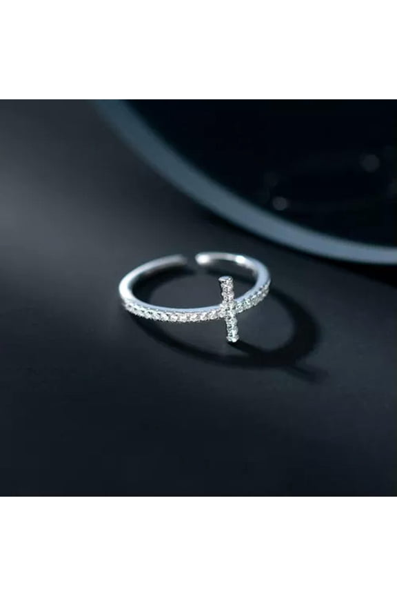 Sterling Silver 925 Sideways Cross CZ Open Ring A3230-7