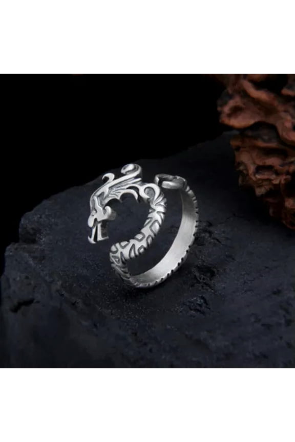 Sterling Silver Ring Lucky Dragon Carved Band Geometry Ring Women Men Gift