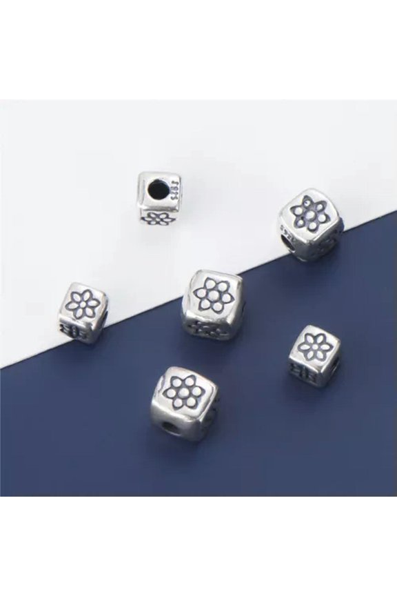 Sterling Silver Square Cube Spacer Bead with Flower Pattern F0510-Large (6.5mm), 1 pc