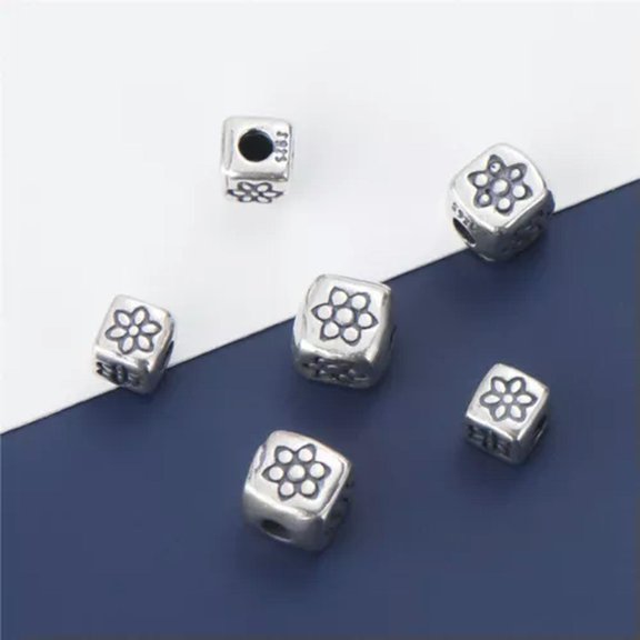 MATROOY Sterling Silver Square Cube Spacer Bead with Flower Pattern F0510-Small (4.7mm), 20 pcs