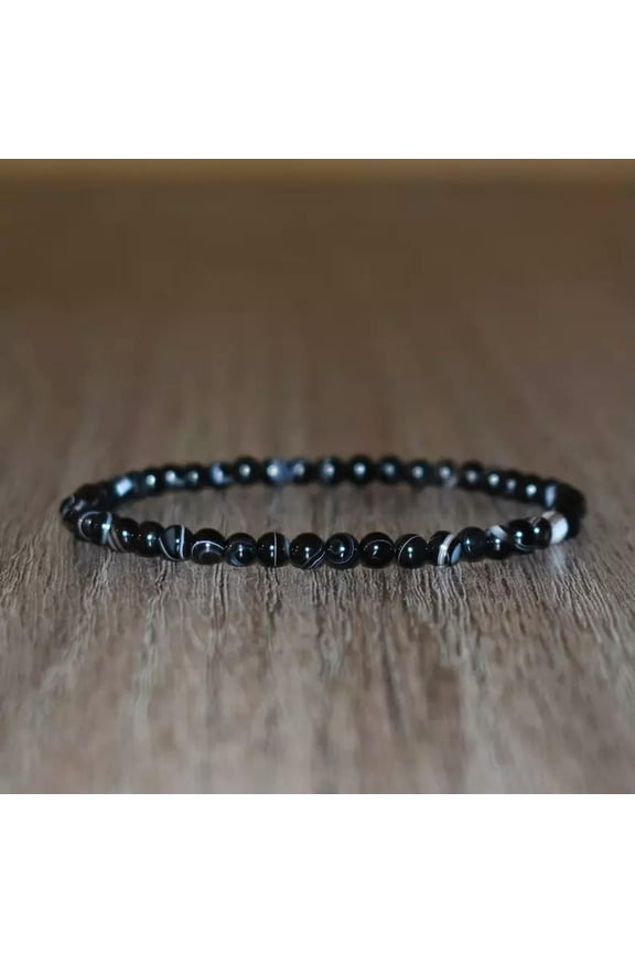 Striped Black Onyx Sardonyx 4mm Small Beads Healing Reiki Chakra Unisex Bracelet