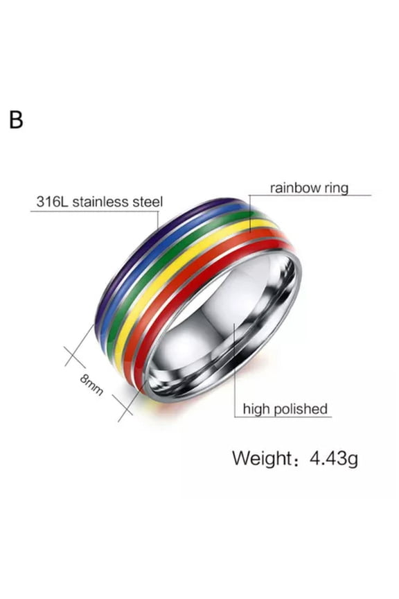 Striped Rainbow Ring Gay Lesbian Men Pride Ring Stainless Steel Band Jewelry US-B-9