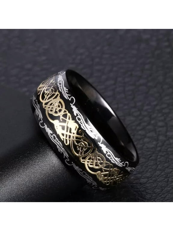 Stylish Black Phoenix Wood Grain Band Ring Stainless Steel Dragon Jewelry Gift/-gold-10