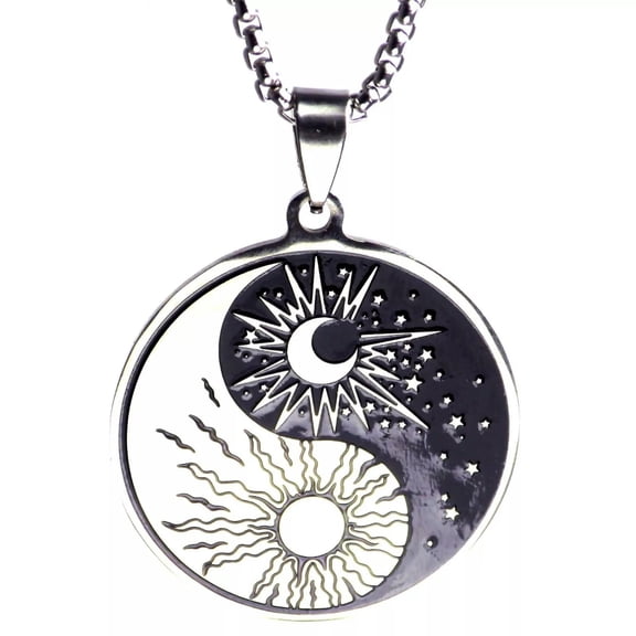 MATROOY Sun Moon Yin Yang Necklace Black Silver Stainless Steel Celestial Amulet Pendant