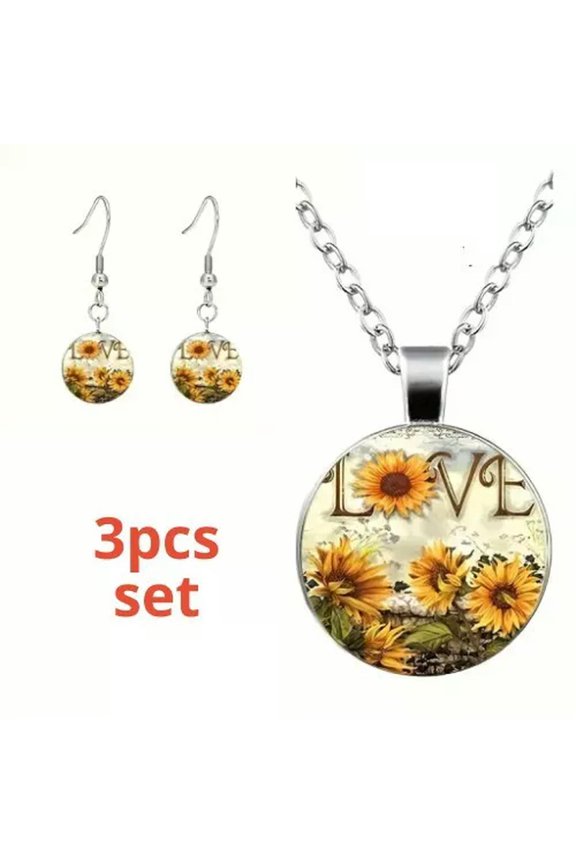 Sunflower Time Gem Decorative Glass Pendant Necklace Earrings Jewelry Set