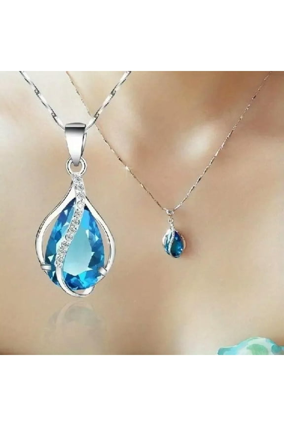 Teardrop Cut Aquamarine Synthetic Gemstone Pendant Necklace For Women