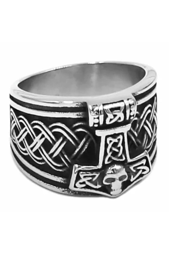 Thors Hammer Ring Mens Silver Stainless Steel Norse Viking Mjolnir Band-9