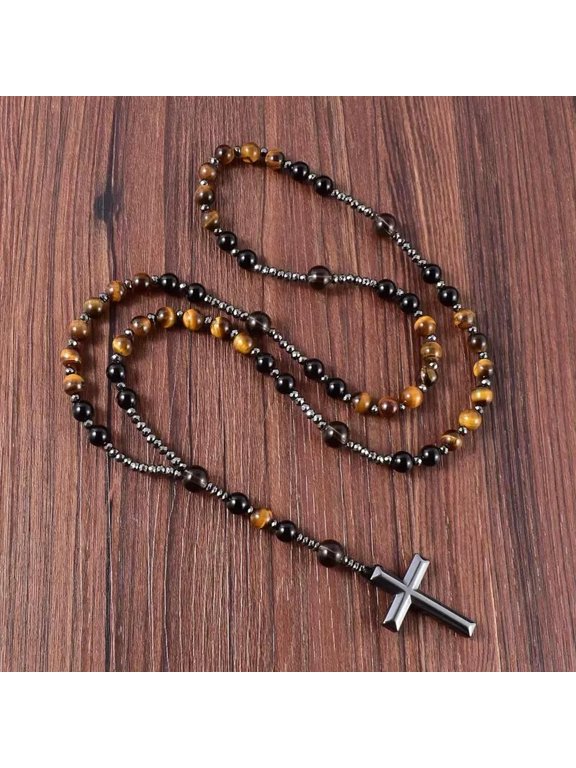 Tiger's Eye Onyx Prayer Beads Catholic Christ Hematite Cross Pendant Necklace