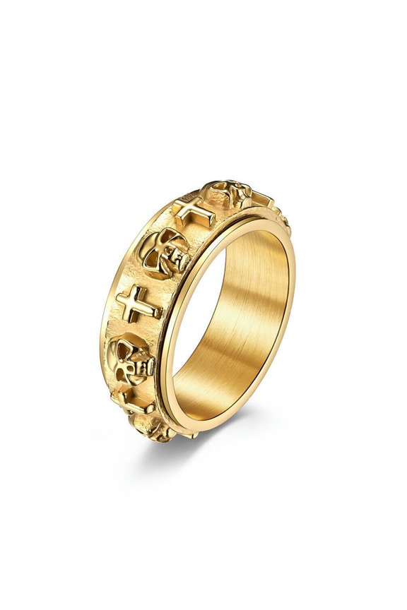 Titanium Steel Vintage Hip Hop Punk Ring Men Jewelry Gift, Skull Rotatable-Gold-11