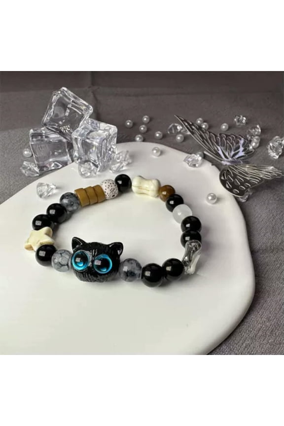 Trendy Cute Cat Beaded Bracelet Black White Beads Cartoon Kawaii Animal Brac WY4-2