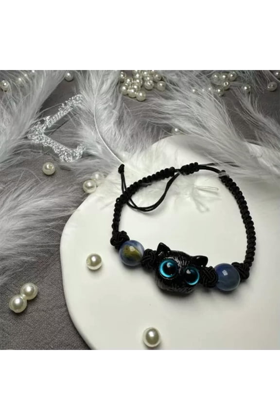 Trendy Cute Cat Beaded Bracelet Black White Beads Cartoon Kawaii Animal Bracelet-4