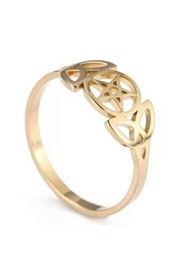 Triple Goddess Ring Gold PVD Plated Stainless Steel Pentacle Crescent Moon Band-6