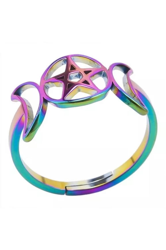 Triple Goddess Ring Rainbow 316L Stainless Steel Adjustable Moon Pentacle Band-6.5