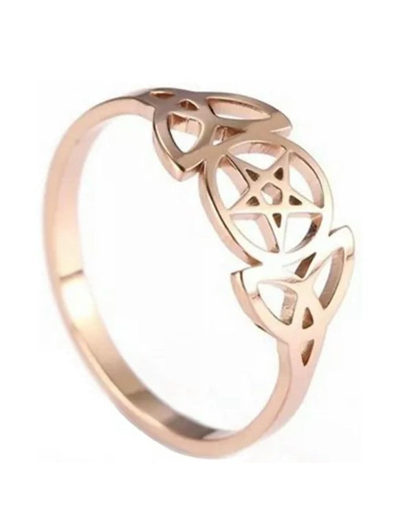 Triple Goddess Ring Rose Gold Stainless Steel Star Crescent Moon Band Sizes 6-10-6