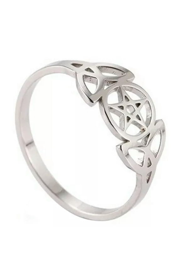 Triple Goddess Ring Silver Stainless Steel Star Crescent Moon Band Sizes 6-10-10
