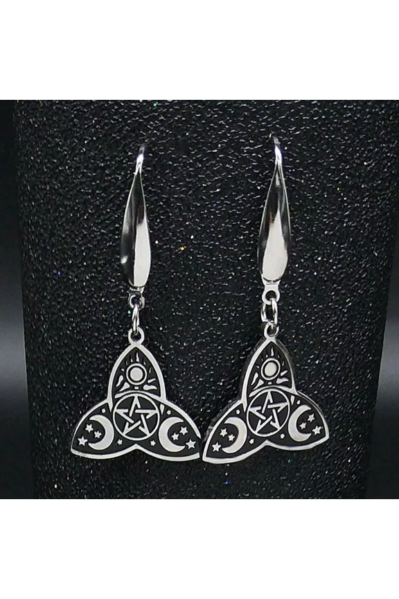 Triquetra Earrings Silver Black Stainless Steel Sun Moon Pentacle Dangle Drops