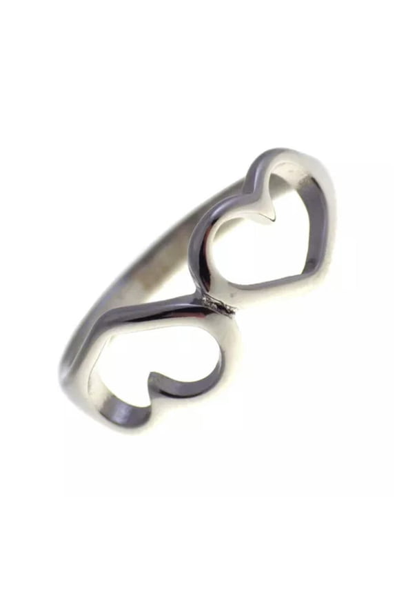 Twin Heart Ring Womens Silver Stainless Steel Promise Pregnancy Band Sizes 4-8-6