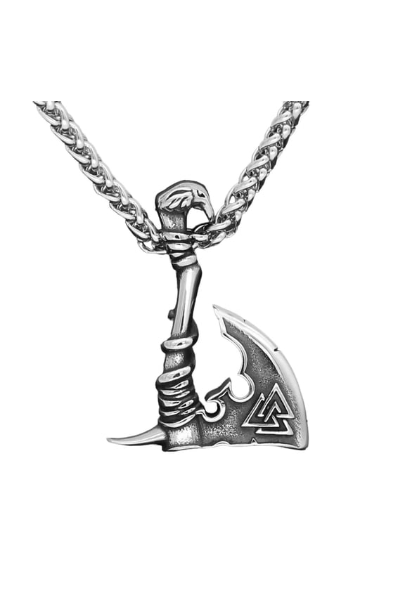 Viking Axe Necklace Mens Silver Stainless Steel Norse Warrior Valknut Pendant