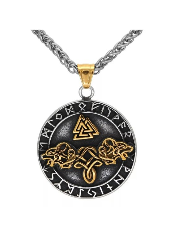 Viking Geri Freki Necklace Gold Silver Stainless Steel Norse Wolf Pendant Chain