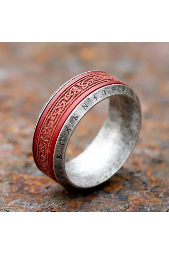 Viking Norse Silver Stainless Steel Runes Red Design Ring Band for Men Women-10