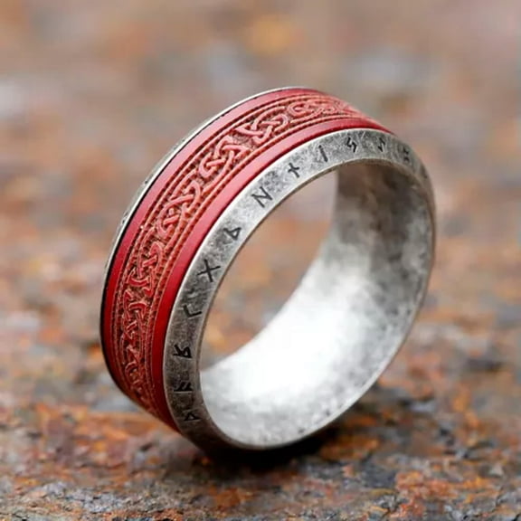 MATROOY Viking Norse Silver Stainless Steel Runes Red Design Ring Band for Men Women-13