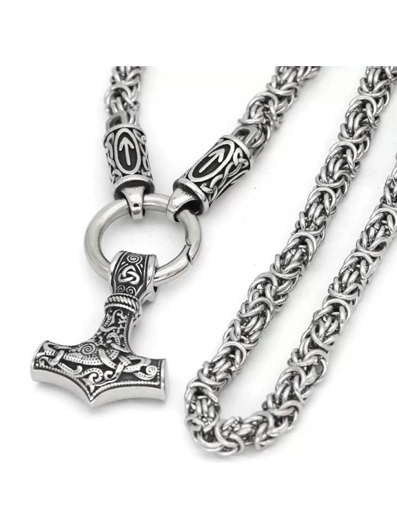 Viking Norse Thors Hammer Chainmail Byzantine Chain Necklace Stainless Steel 28"