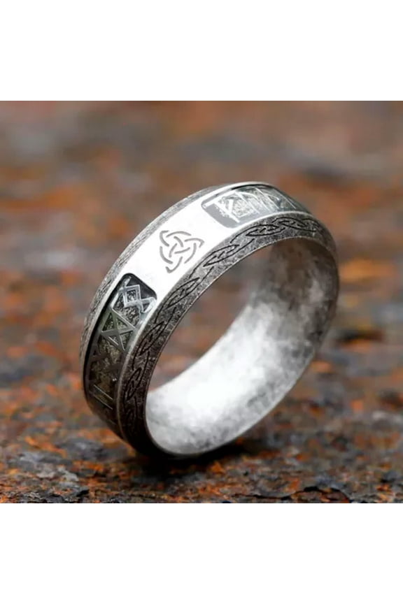 Viking Norse Vintage Silver Stainless Steel Runes Odin Ring Band for Men Women-7