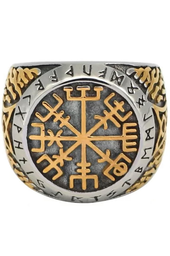 Viking Vegvisir Ring Gold Silver Stainless Steel Norse Thors Hammer Signet Band-9