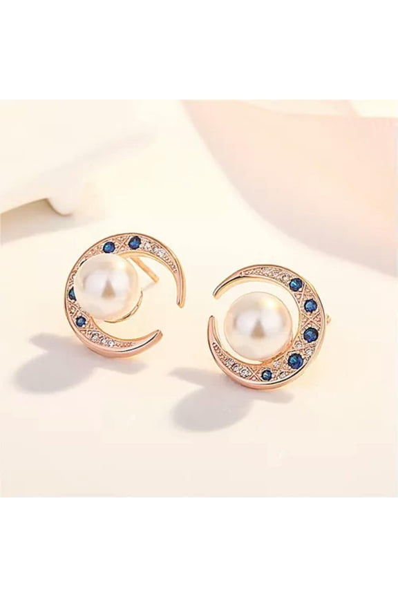 Vintage Blue Crystal Moon Pearl Stud Earrings 925 silver post made