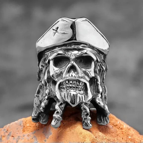 MATROOY Vintage Caribbean Jack Pirate Skull Ring Stainless Steel Rudder Skull Men's Ring-10