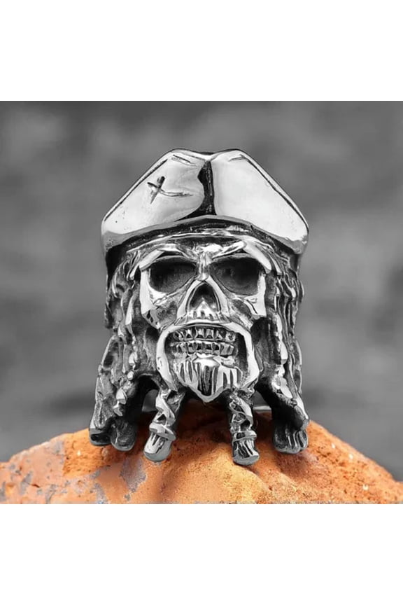 Vintage Caribbean Jack Pirate Skull Ring Stainless Steel Rudder Skull Men's Ring-8