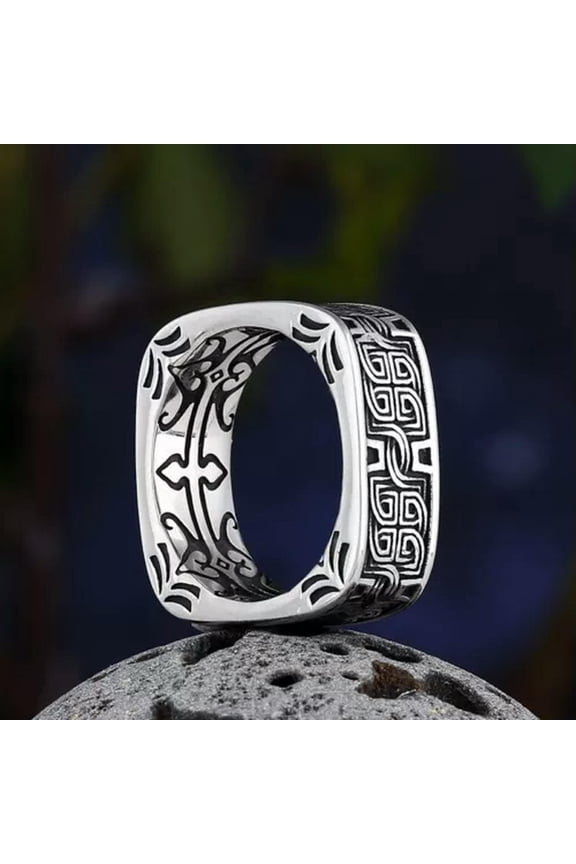 Vintage Carved Pattern Square Stainless Steel Rings For Mens Punk Anels Trend-13