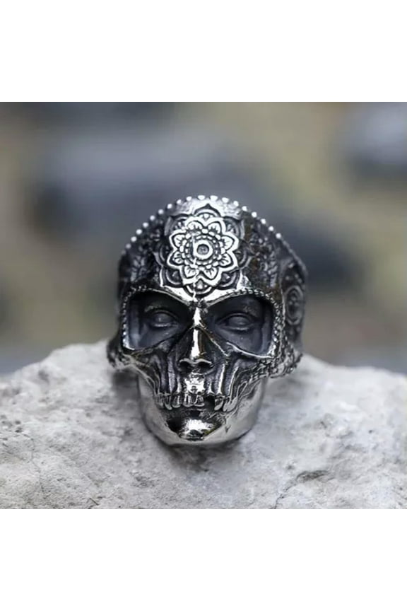 Vintage Classic Pattern Skull Ring Stainless Steel Gothic Men's Punk Gothic Ring-9
