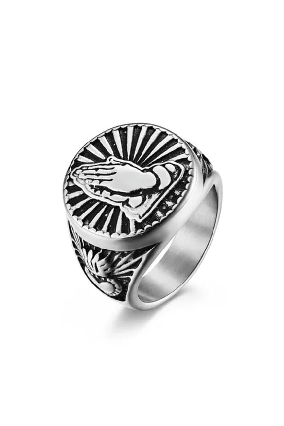 Vintage Crown Heart Praying Hands Ring Stainless Steel Lord's Prayer Signet Ring-Silver-12