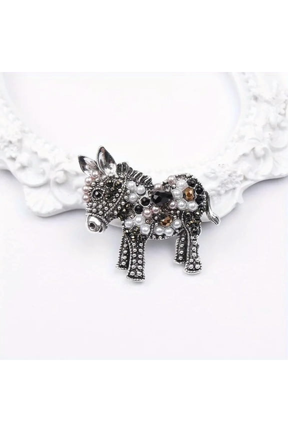Vintage Cute Gray Donkey Brooch Alloy Rhinestones Artificial Pearls Animal Pin