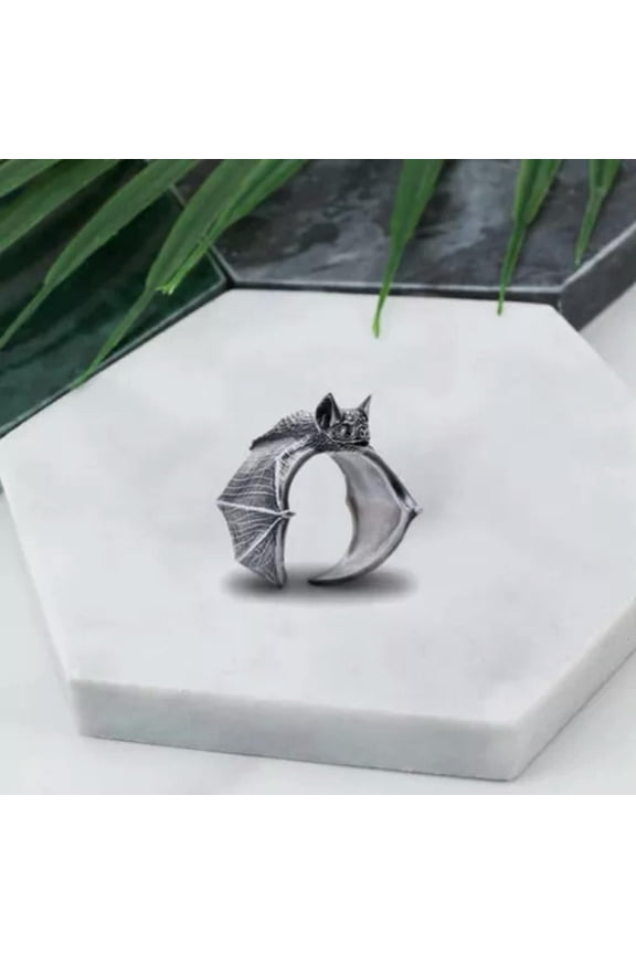 Vintage Dark Gothic Bat Ring Opening Mens Adjustable Punk Halloween Jewelry Gift-02#Silver Bat Ring-Adjustable Size