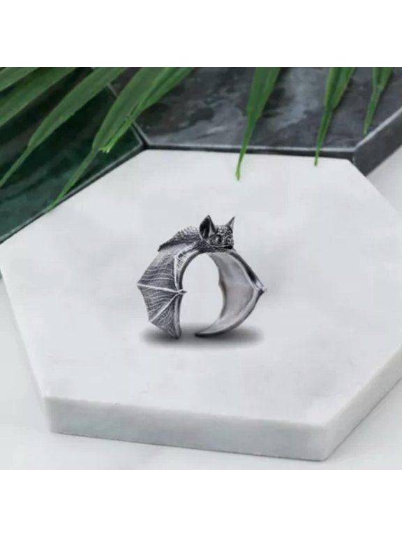 Vintage Dark Gothic Bat Ring Opening Mens Adjustable Punk Halloween Jewelry Gift-02#Silver Bat Ring-Adjustable Size