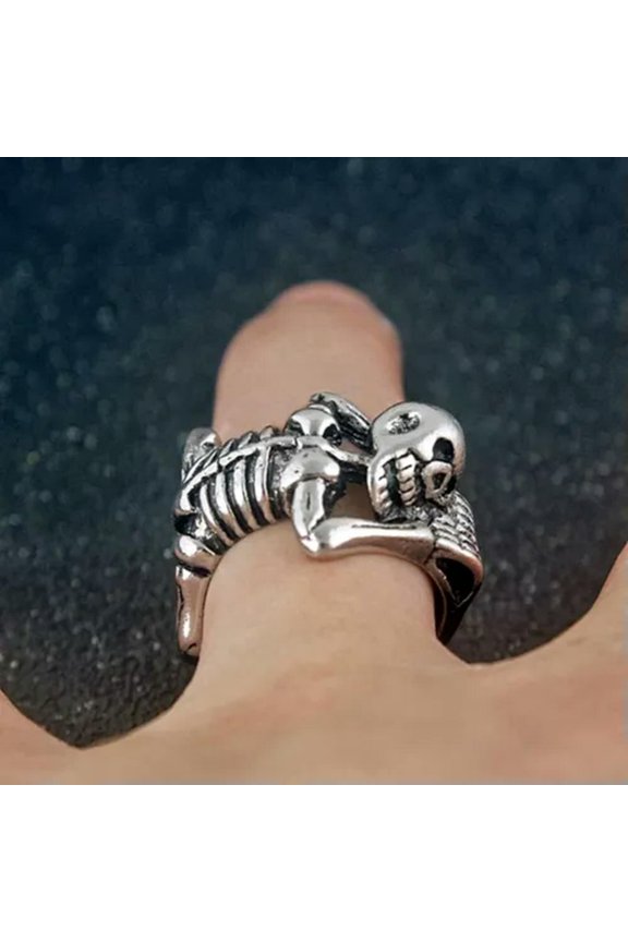 Vintage Dark Gothic Bat Ring Opening Mens Adjustable Punk Halloween Jewelry Gift-09#Skeleton Skull Head Ring-Adjustable Size
