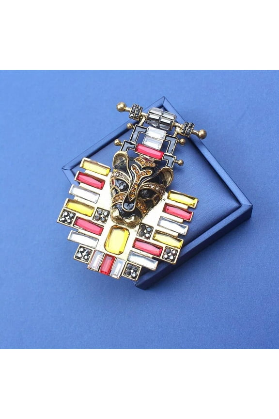 Vintage Egyptian Style Lion Brooch Personalized Colorful Rhinestone Animal Pin