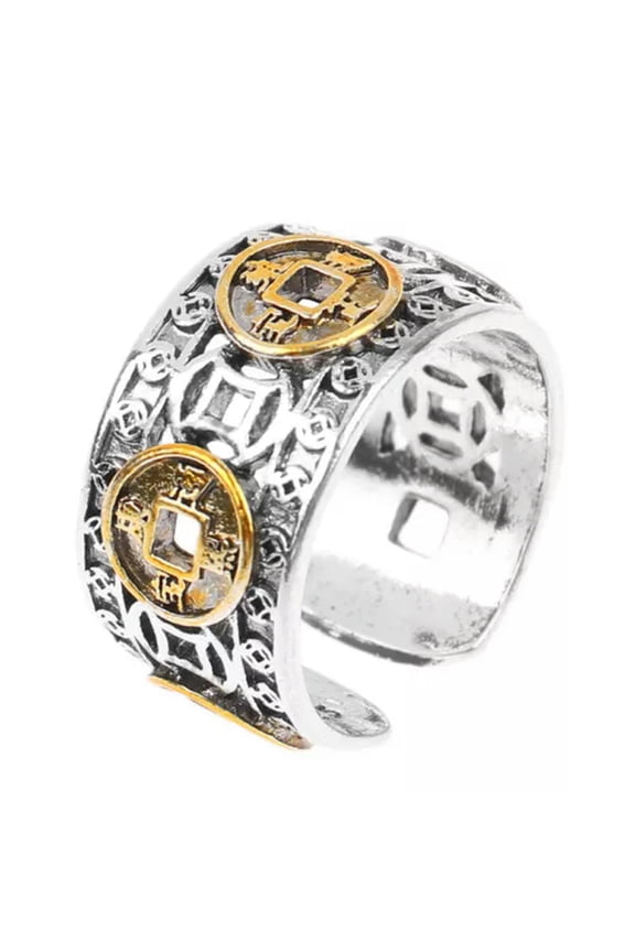 Vintage Ethnic Style Five Emperors Money Coin Rings Lucky Adjustable Finger Ring-Gold-