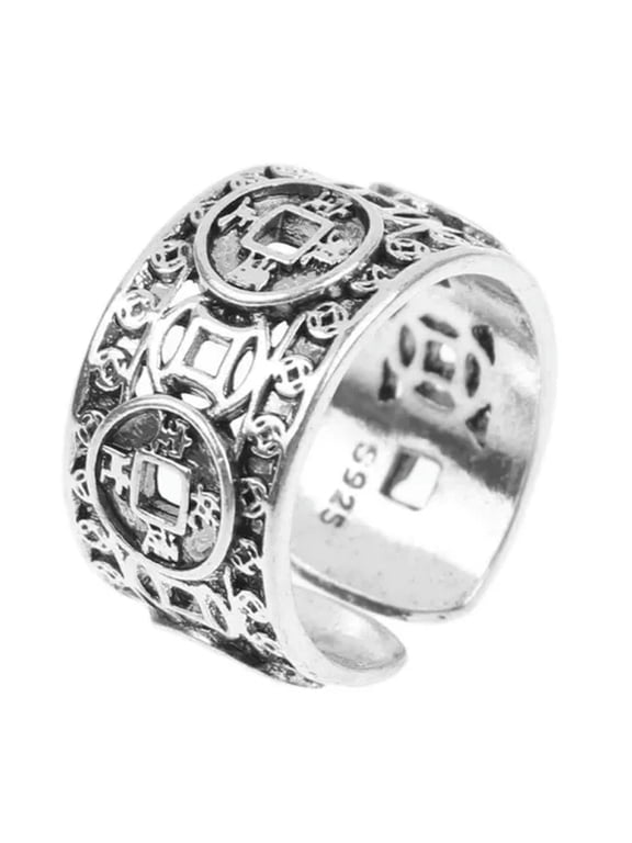 Vintage Ethnic Style Five Emperors Money Coin Rings Lucky Adjustable Finger R-Silver-