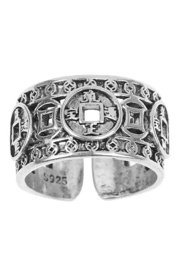 Vintage Ethnic Style Five Emperors Money Coin Rings Lucky Adjustable Finger R_tu-Silver-