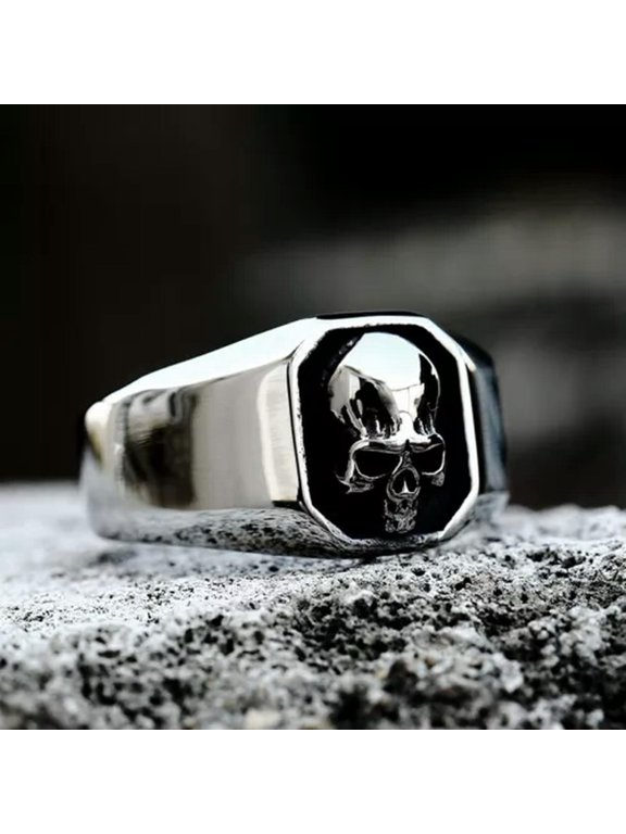Vintage Hiphop Punk Skull Signet Ring Stainless Steel Men Band Jewelry 7-13 Size-Silver-12
