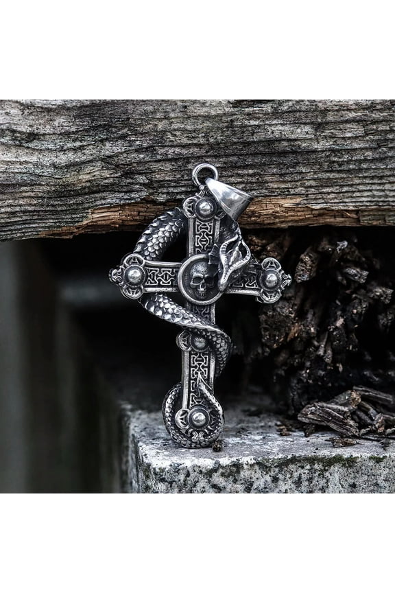 Vintage Men's Dragon Skull Cross Pendant Necklace Stainless Steel Chain Jewelry