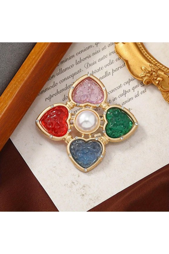 Vintage Peach Heart Resin Pin Colorful Geometric Coat Accessory Brooch