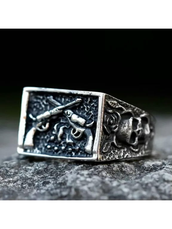 Vintage Pirate Cross Guns Skull Ring Stainless Steel Rose Skull Punk Men's Ring-11