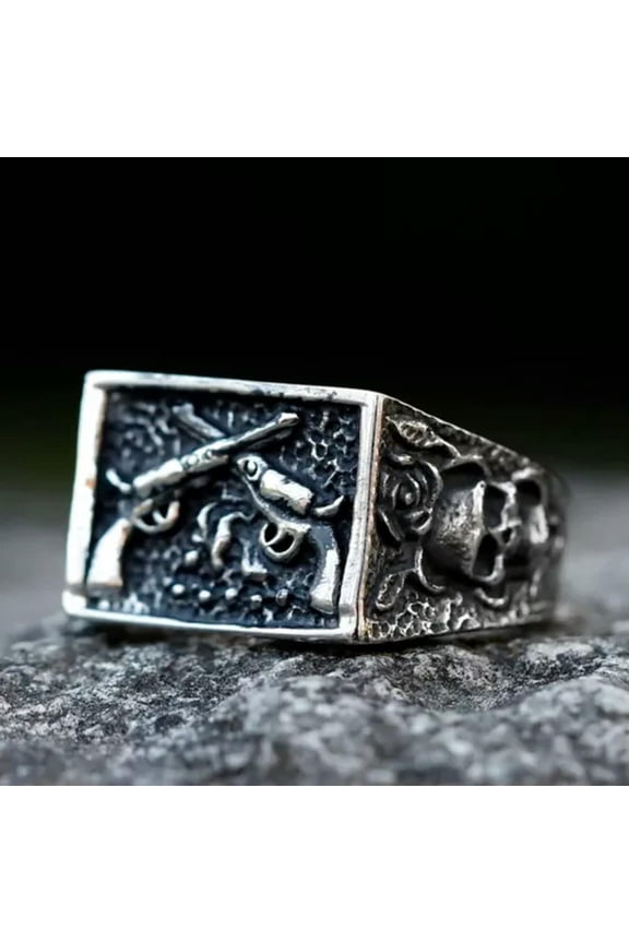 Vintage Pirate Cross Guns Skull Ring Stainless Steel Rose Skull Punk Men's Ring-11